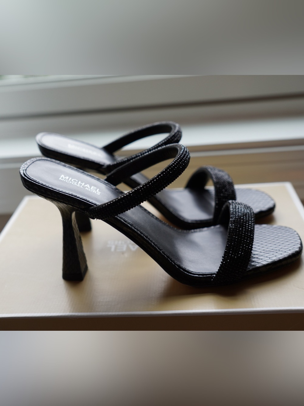Michael Kors Black Rhinestone Strap Heeled Sandals Size 6.5